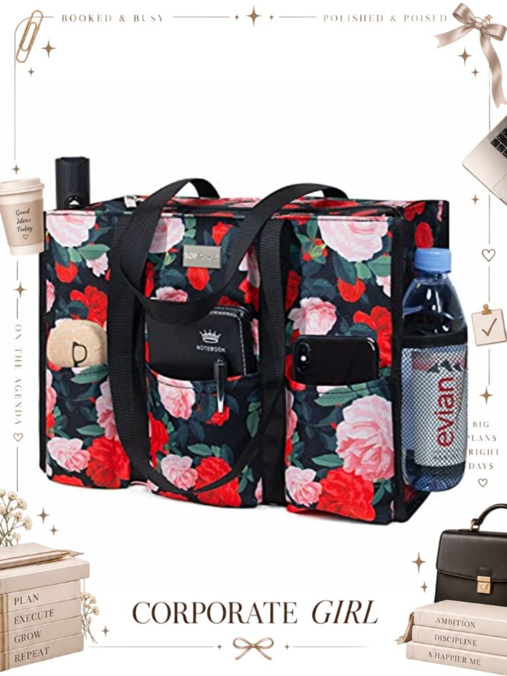 Water Resistant Tote Bag with 13 Pockets Zipper Closure Utility Travel